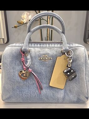 Coach Denim Satchel Bag with Yellow Tag and Pink Charm